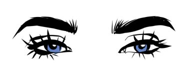 Hand-drawn woman s sexy luxurious eye with perfectly shaped eyebrows and full lashes. Idea for business visit card, typography vector. Perfect salon look clipart