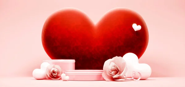 製品発表のための赤いハートと表彰台のショーケースとバレンタインデーの抽象的な背景。2月14日愛。ロマンチックな結婚式のグリーティングカード。女性、母の日。3Dレンダリング. — ストック写真