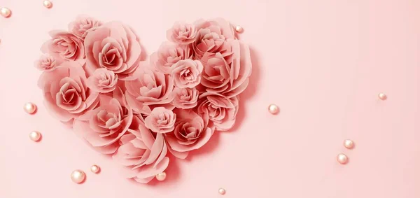 バレンタインデー抽象的な背景と花の心。2月14日愛。ロマンチックな結婚式のグリーティングカード。女性、母の日。3Dレンダリング. — ストック写真