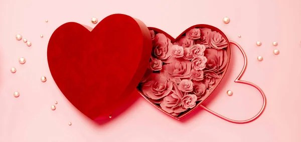 Öppna röd presentförpackning med en hjärtformad bakgrund. Röd hjärtlåda för alla hjärtans dag eller speciell dag i kärlek koncept. 3d-konvertering. — Stockfoto