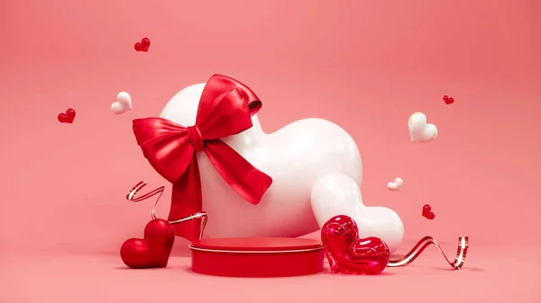 발렌틴 데이는 빨간 하트와 제품 발표를 위한 연단 쇼 케이스가 있는 추상적 인 배경이다. 2 월 14 일, 내 사랑. 로맨틱 한 결혼식 인사말 카드. 엄마들, 어머니들의 날. 3d 렌더링. — 스톡 사진