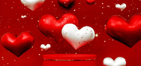 Valentijnsdag abstracte achtergrond met rode harten en podium vitrine voor productpresentatie. 14 februari, lieverd. Romantische trouwkaart. Vrouwen, Moederdag. 3d destructie. — Stockfoto