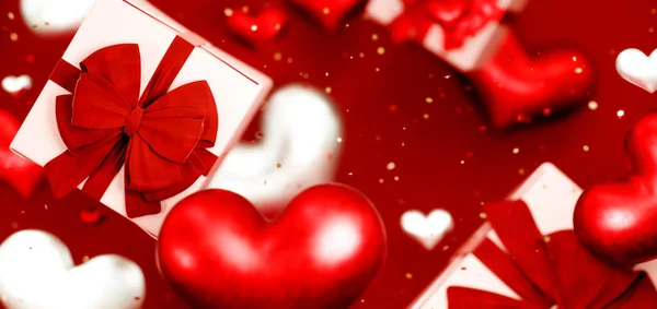 Valentijnsdag abstracte achtergrond met rode harten en geschenkdoos. 14 februari, lieverd. Romantische trouwkaart. Vrouwen, Moederdag. 3d destructie. — Stockfoto