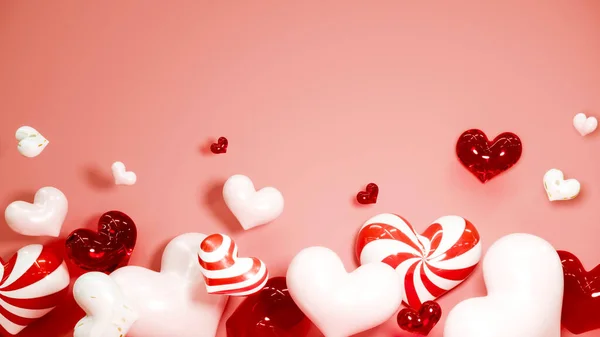 Valentýn abstraktní pozadí s červenými srdci. 14. února, lásko. Romantický svatební pozdrav. Ženský, Den matek. 3D vykreslování. — Stock fotografie