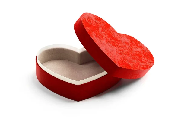 Otevřít červenou dárkovou krabičku s pozadím ve tvaru srdce. Červená skříňka na Valentýna nebo speciální den v konceptu lásky. 3D vykreslování. — Stock fotografie