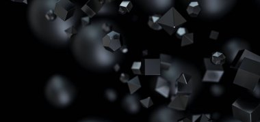 Üç boyutlu parçacıklara sahip soyut siyah arkaplan. Karanlık uzayda uçan çokgen küreler ve nesneler, geleceksel tasarım.