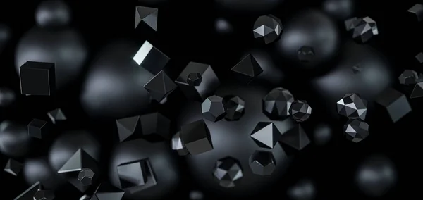 Resumo Fundo preto com partículas 3D. Esferas poligonais voadoras e objetos no espaço escuro, design futurista. — Fotografia de Stock
