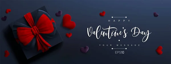 バレンタインデーのバナーの背景 ベクトルイラスト 赤い弓と心を持つ3Dギフトボックス かわいい愛のバナーやバレンタイングリーティングカード — ストックベクタ