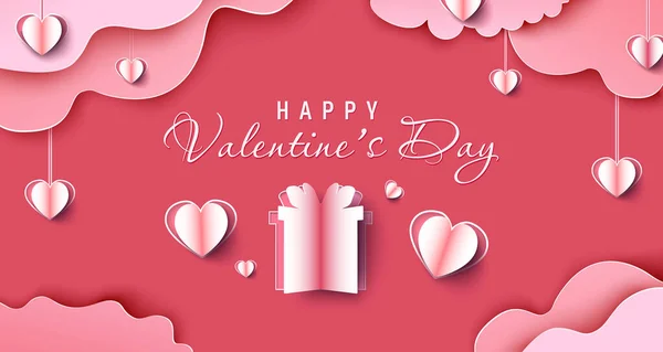 San Valentín venta banner fondo. Corazones rojos. Lindo banner de amor o tarjeta de felicitación de San Valentín en papel. Ilustración vectorial. — Vector de stock