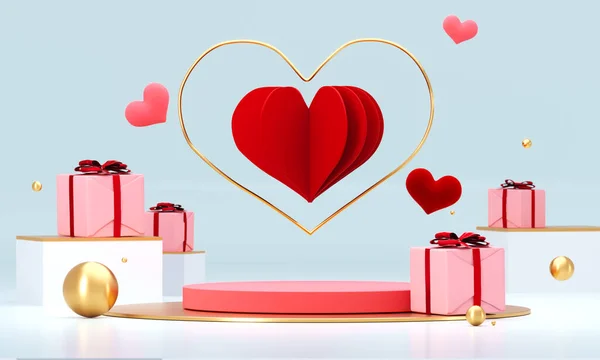 Sevgililer Günü soyut arkaplan, kırmızı kalpler ve ürün sunumu için podyum gösterisi. 14 Şubat, aşkım. Romantik düğün kartı. Kadınlar, Anneler Günü. 3d oluşturma. — Stok fotoğraf