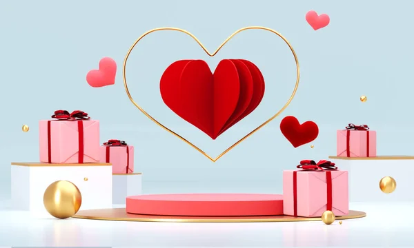 Valentijnsdag abstracte achtergrond met rode harten en podium vitrine voor productpresentatie. 14 februari, lieverd. Romantische trouwkaart. Vrouwen, Moederdag. 3d destructie. — Stockfoto