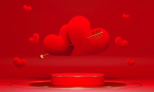 Alla hjärtans dag abstrakt bakgrund med röda hjärtan och podium skyltfönster för produktpresentation. 14 februari, älskling. Romantiskt bröllopskort. Kvinnor, mödradagen. 3d-konvertering. — Stockfoto