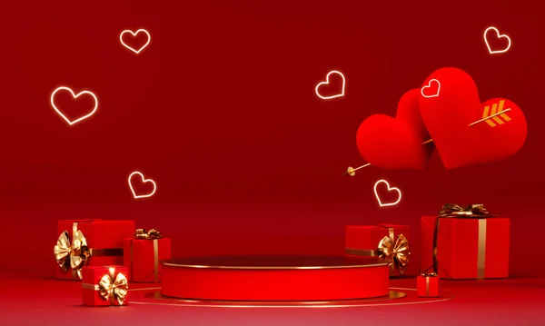 Fondo abstracto de San Valentín con corazones rojos y vitrina de podio para la presentación del producto. 14 de febrero, amor. Tarjeta de felicitación romántica de boda. Mujeres, Día de las Madres. renderizado 3d. —  Fotos de Stock