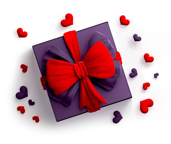 白い背景に赤い弓で隔離された幸せなバレンタインデーギフトボックス。3Dレンダリング — ストック写真