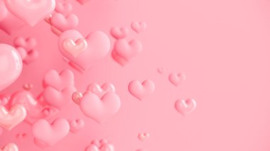 Pastel pembe kalpler. Kalpli soyut bir arka plan. Tebrik kartı, poster. Sevgililer Günü. 3d oluşturma.
