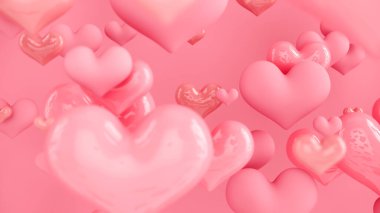 Pastel pembe kalpler. Kalpli soyut bir arka plan. Tebrik kartı, poster. Sevgililer Günü. 3d oluşturma.