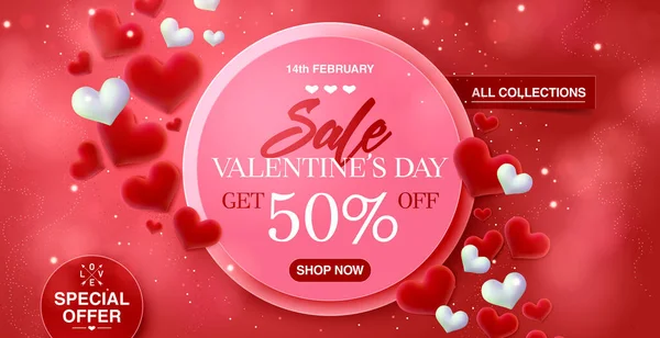 Valentines dag store salg banner baggrund for web-site header. Røde hjerter. Sød kærlighed banner eller Valentines lykønskningskort. Vektorillustration. – Stock-vektor
