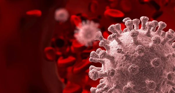 COVID-19 Células virales o molécula bacteriana. Gripe, vista de un coronavirus bajo un microscopio, enfermedad infecciosa. Gérmenes, bacterias, organismos infectados por células. H1N1, Gripe Porcina, Corona, Virus. Renderizado 3d. — Foto de Stock