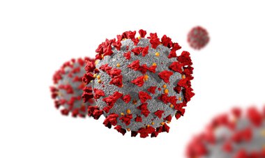 Coronavirus hücreleri veya bakteri molekülleri. Virüs Covid-19. Virüs beyazda izole edilmiş. Gribe yakın çekim, mikroskop altında virüse bakış, bulaşıcı hastalıklar. Bakteri, hücre enfeksiyonlu organizma. 3d Hazırlama.