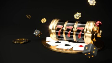 Kumarhane geçmişi. Rulet tekerleği olan kumar makinesi. Online kumarhane konsepti. Düşen poker fişleri. 3d oluşturma.