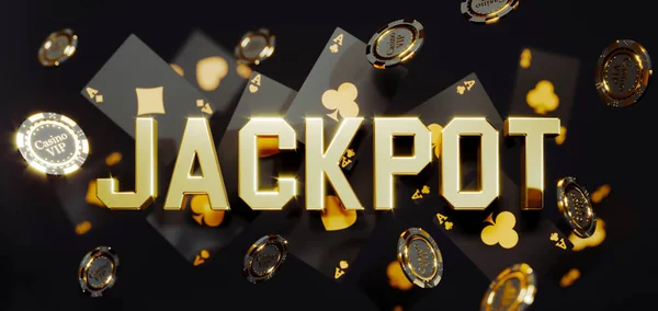 Luxusní kasino zlaté žetony a karty s 3D Jackpot znamení. Poker žetony padající Premium Photo — Stock fotografie