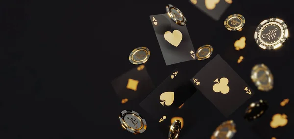 Luxus-Casino goldene Chips und Karten. Pokerchips fallen Premium-Foto — Stockfoto