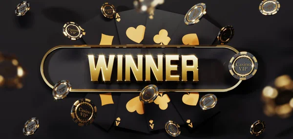 Luxe casino gouden chips en kaarten met 3D-winnaar teken. Poker chips vallen Premium Photo — Stockfoto