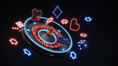 Kumarhane arkaplanı neon rengi rulet ve poker fişlerinin düşüşü 3D