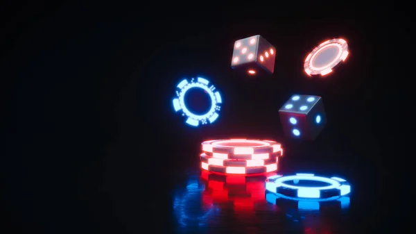 Casino chips. Neon online poker chips falling 3d rendering