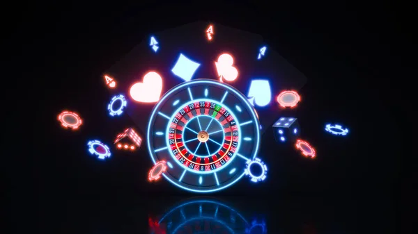 Sfondo del casinò con roulette al neon e chip che cadono rendering 3d — Foto Stock