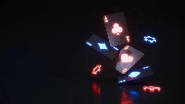 Casino achtergrond met chips en neon kaarten vallen 3d rendering — Stockfoto
