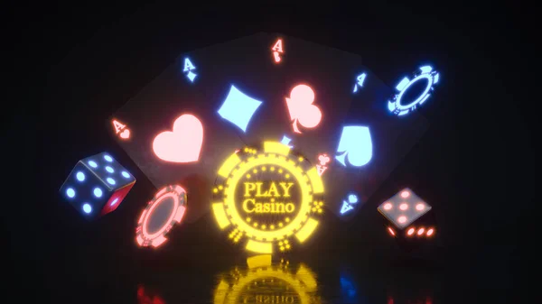 Fondo de Casino con chips de neón cayendo 3d renderizado — Foto de Stock
