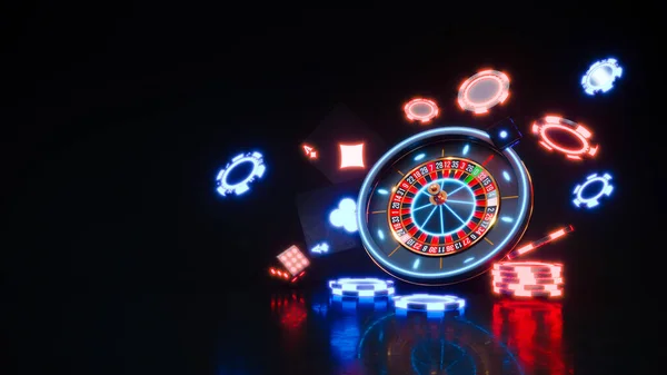 Sfondo del casinò con roulette al neon e chip che cadono rendering 3d — Foto Stock