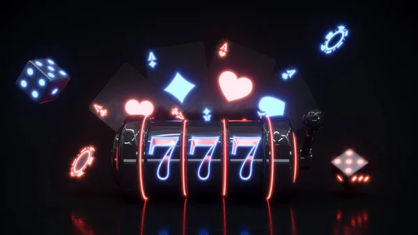 Casino neon achtergrond met slot macine en chips vallen 3d rendering — Stockfoto