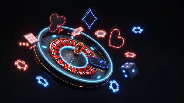 Kumarhane arkaplanı neon rengi rulet ve poker fişlerinin düşüşü 3D