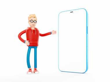 Çizgi film karakteri, siyah ekranlı büyük bir telefonun yanında duruyor. 3d illüstrasyon