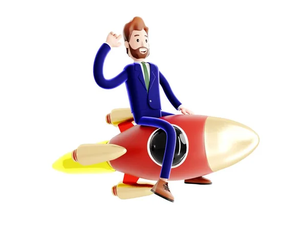 Personaje Dibujos Animados Hombre Negocios Volando Cohete Concepto Creación Empresas — Foto de Stock