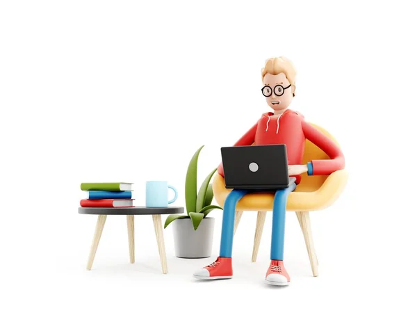 Cartoon Character Sits Table Laptop Concept Distance Work Study Communication — Stock Photo, Image