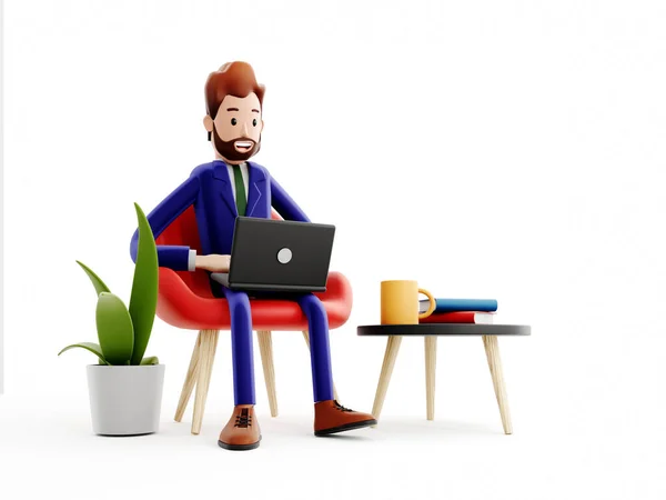 卡通人物商人拿着笔记本电脑坐在桌旁 远程工作 学习和交流的概念 编码器 设计员或办公室工作人员 3D插图 — 图库照片
