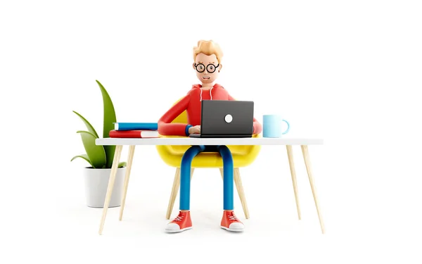 Cartoon Character Sits Table Laptop Concept Distance Work Study Communication — Stock Photo, Image