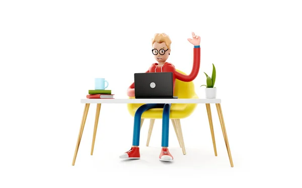 Cartoon character sits at the table with a laptop. Concept of distance work, study and communication. Coder, designer or office worker, 3d illustration