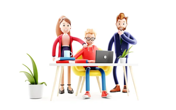 Cartoon Character Working Laptop Team Concept Teamwork Study Communication Coder — Stock Photo, Image