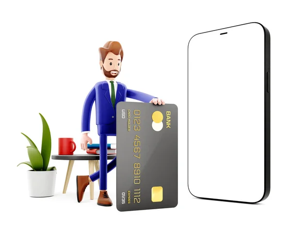 Kierownik banku lub szef biura, zakupy online za pośrednictwem telefonu komórkowego i karty kredytowej. Udany biznesmen z kartą bankową. Ilustracja 3D. — Zdjęcie stockowe
