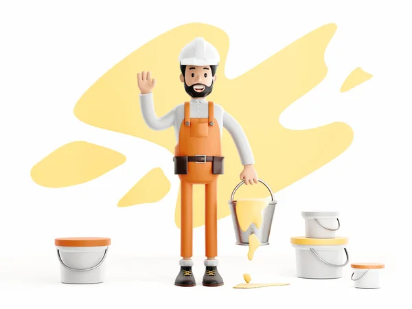 Stavitel malíř sádrokarton postava, legrační pracovník nebo inženýr s kbelíky barvy — Stock fotografie