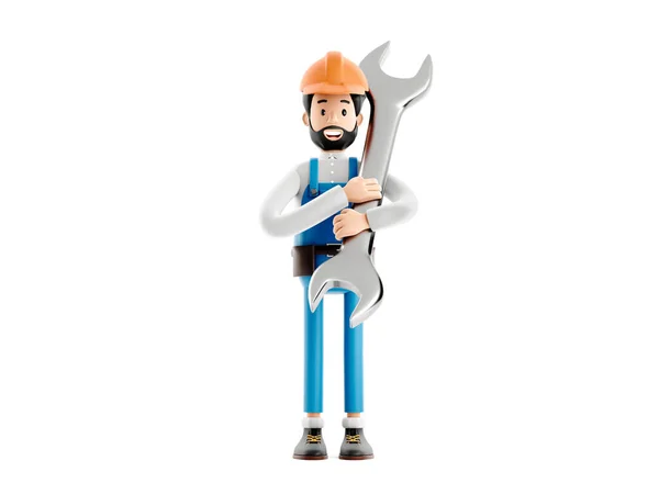 Stavitel instalatér kreslený postava, legrační pracovník nebo inženýr s klíčem — Stock fotografie