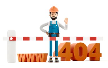 Web sitesi bakım konsepti. Çizgi film karakteri, komik işçi ya da mühendis 404 işareti, 3D illüstrasyon