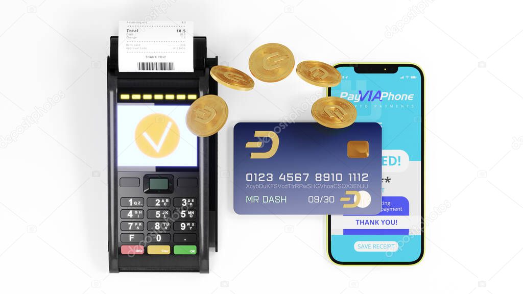 Online payment terminal and phone concept. Pos terminal for cryptocurrency contectless payment transaction with mobile phone. 3d rendering