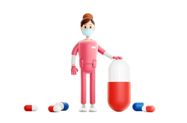 Sköterska seriefigur. Leende läkare med stora piller vaccin från coronavirus covid medicinsk 3D illustration. — Stockfoto