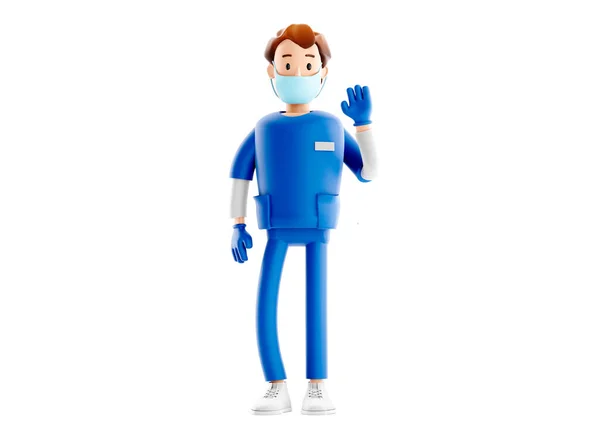Enfermera personaje de dibujos animados chico posando darle la bienvenida saludando la mano. Sonriente médico guapo 3d ilustración médica. — Foto de Stock