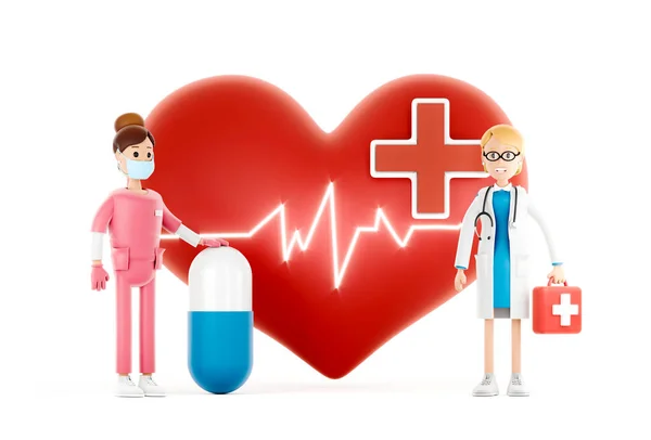 Cartoon doctors guarding a big red heart. Medical cardiology concept of health protection against heart attack and for a healthy heart. 3d illustration